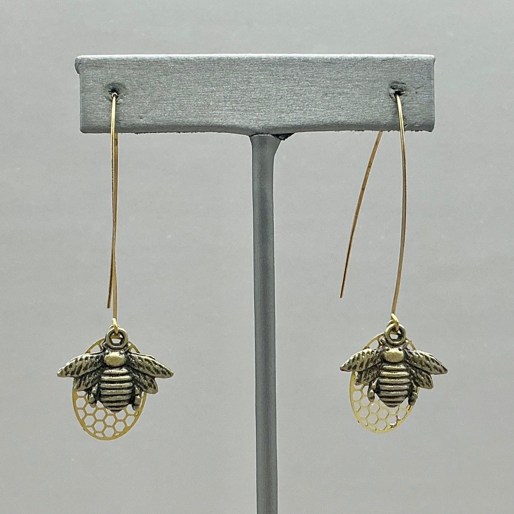 Earrings Women Gold Honey Bee Honeycomb Long Kidney Wire Dangle Drop 2.25 Inch‎